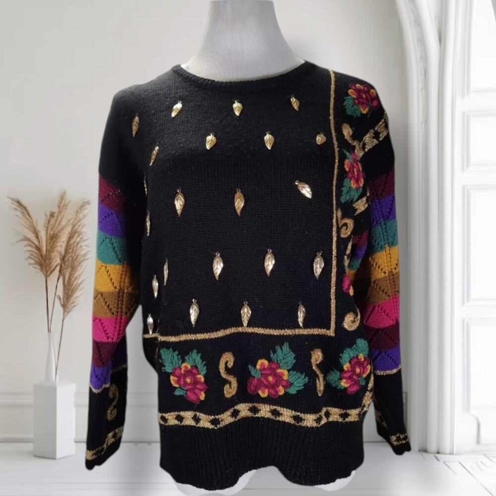 Vintage 80s Carole Little Embellished Wool Sweater M Black Rainbow Art to Wear